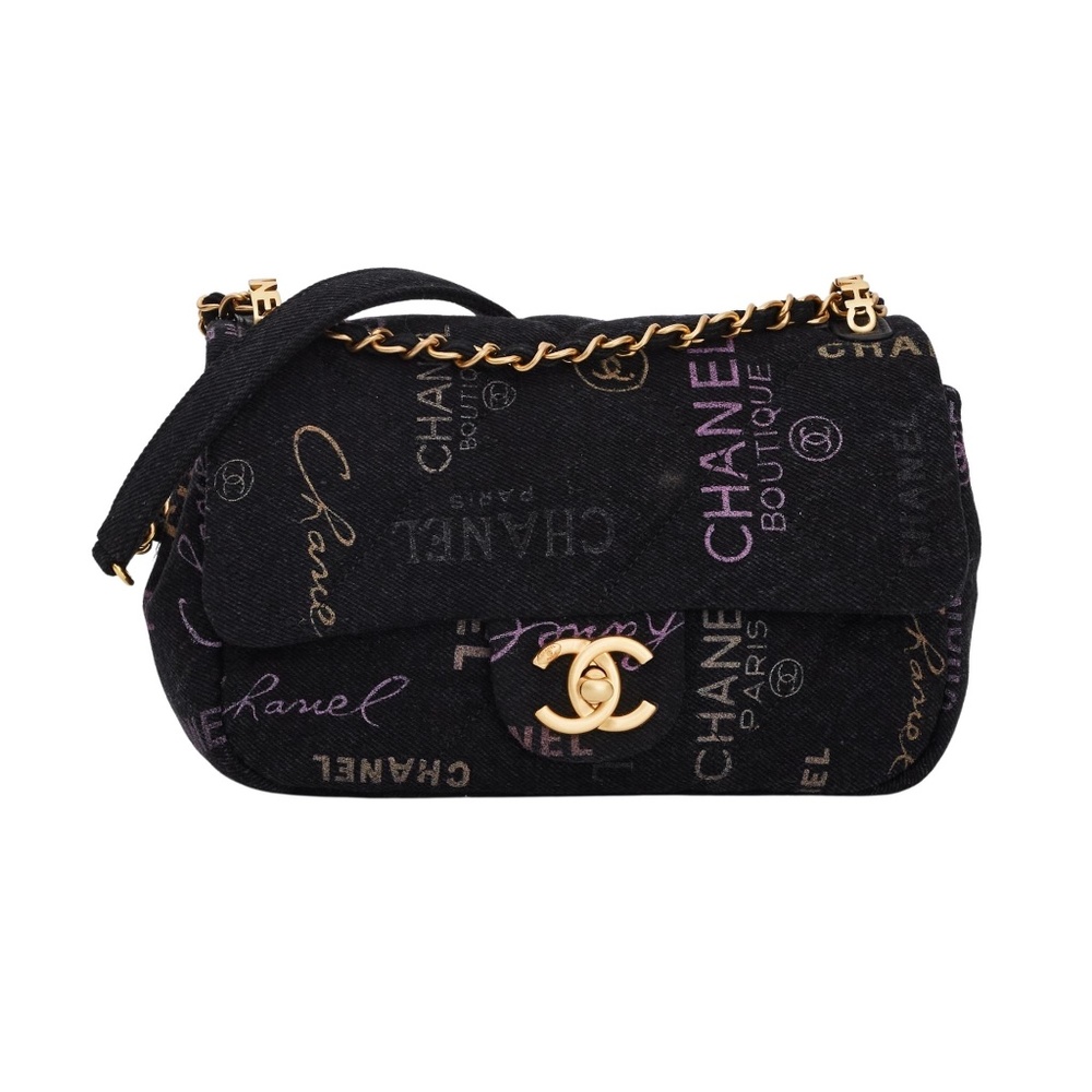 CHANEL PRINTED LOGO BLACK DENIM SMALL GRAFFITI FLAP BAG (2021)